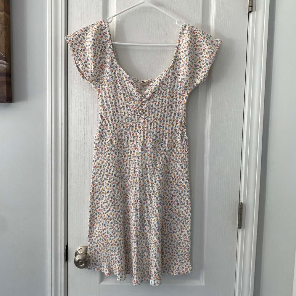 Billabong Womens Floral Ribbed Mini Dress White Multi Color Cap Sleeve Large